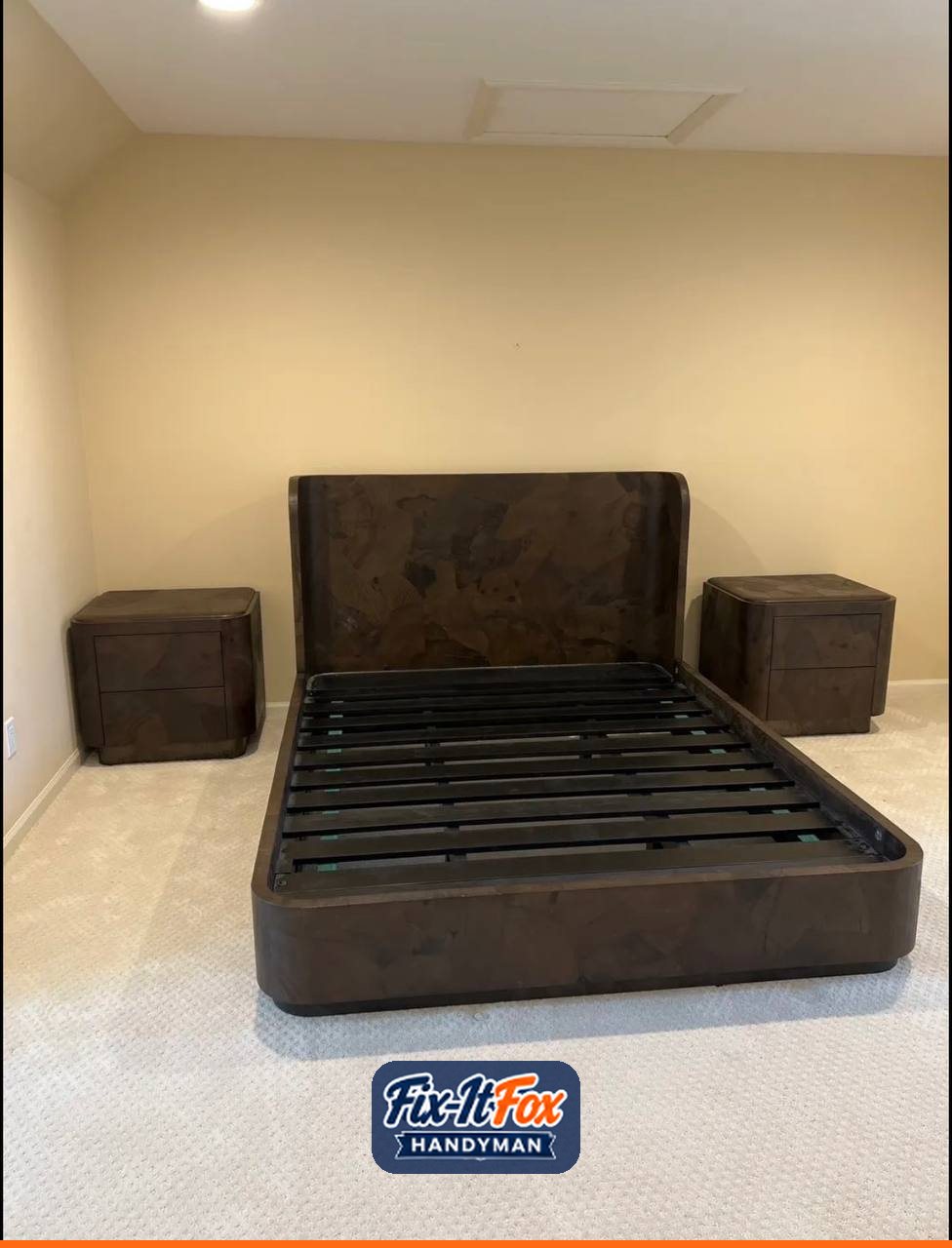 Assembled dark wood platform bed with curved headboard and two nightstands